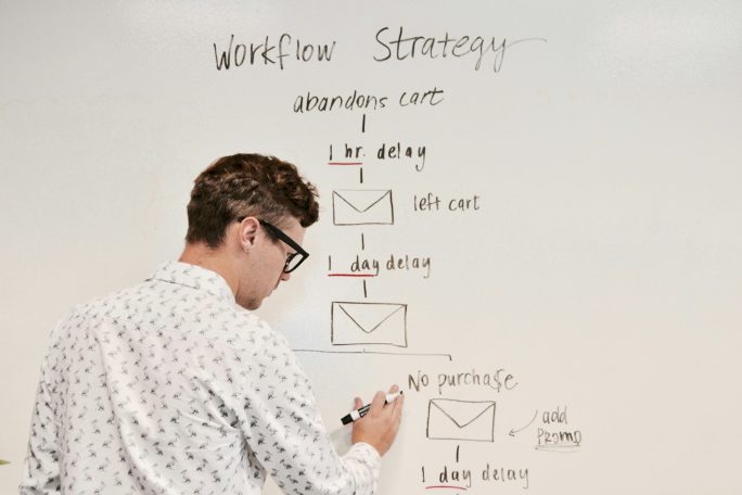 Male CMO creating a web flow strategy on a whiteboard